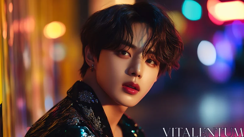 Portrait shows stylized subject against blurred neon background