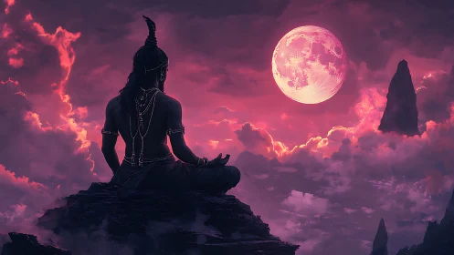 Meditating deity beneath radiant crimson moonrise sky.