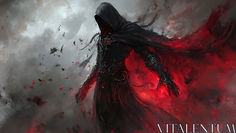 Hooded void wraith emerging from red ethereal bloodstorm
