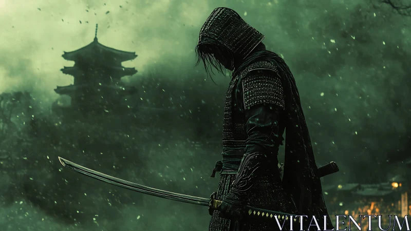 Armored swordsman in snowfall near distant pagoda temple.