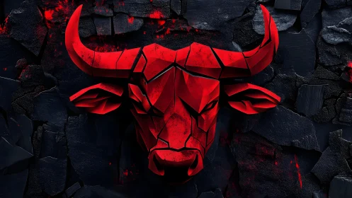 Geometric Red Bull Head on Dark Textured Wall, Digital Art.