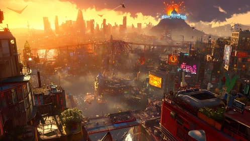 Sunlit cyberpunk cityscape surrounds erupting distant volcano