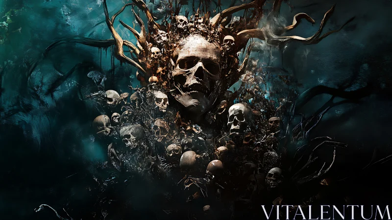 Macabre skull monolith emerging from twisted roots.