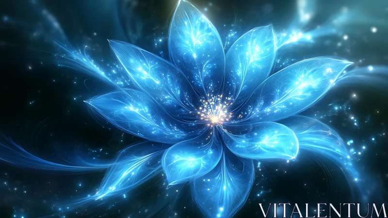 Luminous cosmic flower unfolds in radiant blue starlight