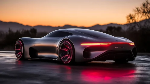 Futuristic silver concept sports car at sunset on wet road.