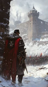 Crimson warlord surveys snowbound siege at iron citadel.
