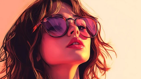 Stylized close-up portrait of woman in oversized pink sunglasses.