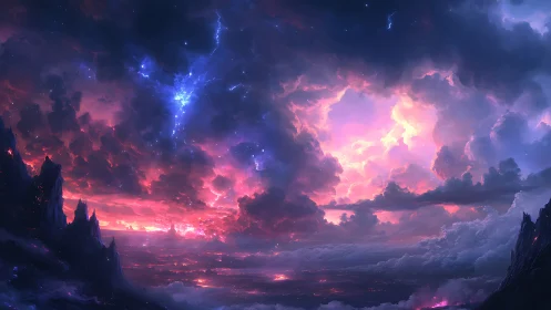 Starlit storm window over molten horizon at world’s edge.