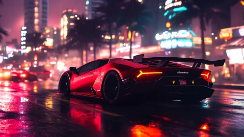 Cyberpunk supercar on neon soaked rain slicked boulevard at night