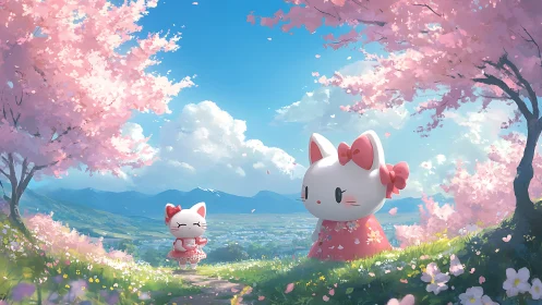 Cartoon cat figures in cherry blossom hillside landscape.