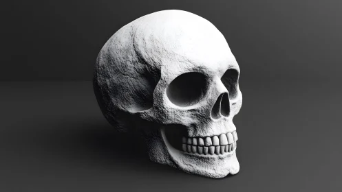 Realistic white human skull on dark background, digital 3D render.