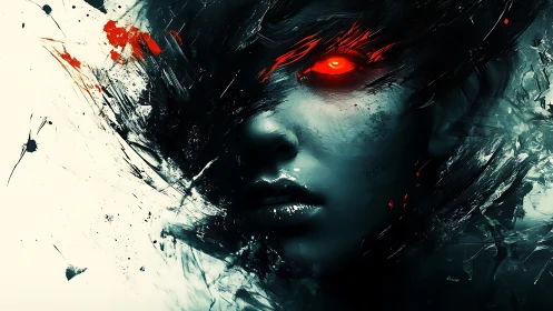 Dark digital portrait of woman with glowing red cyber eye.