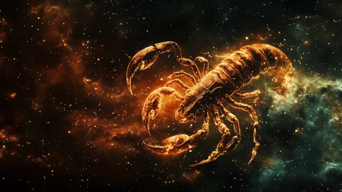 Celestial scorpion blazes through nebula-lit cosmic dusk.