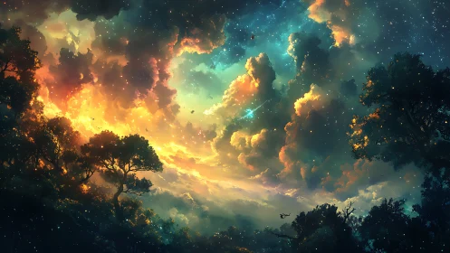 Vibrant cosmic sky above dense silhouetted forest canopy.