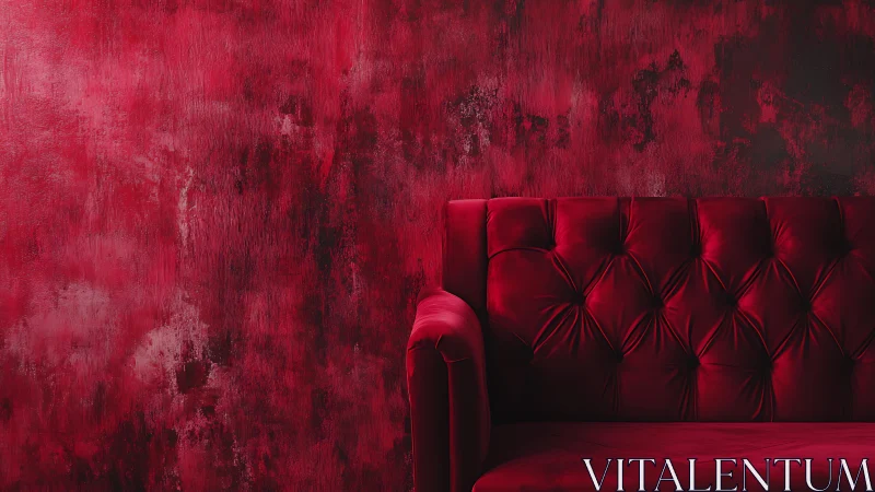 Luxurious red velvet sofa against textured red painted wall.