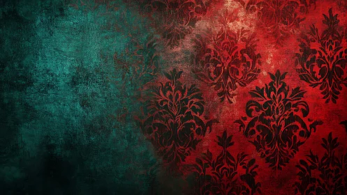 Grunge damask wallpaper shows red to teal gradient with distressed texture