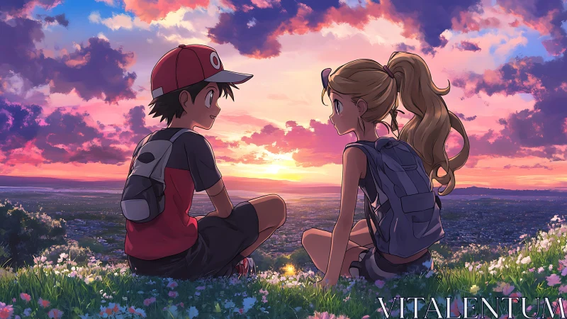 Anime sunset hillside overlook with two backpacked teenagers