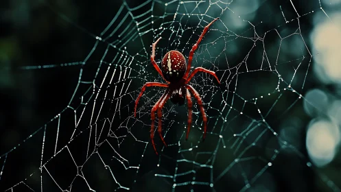 Red spider centered on dewy web in dark woodland setting.
