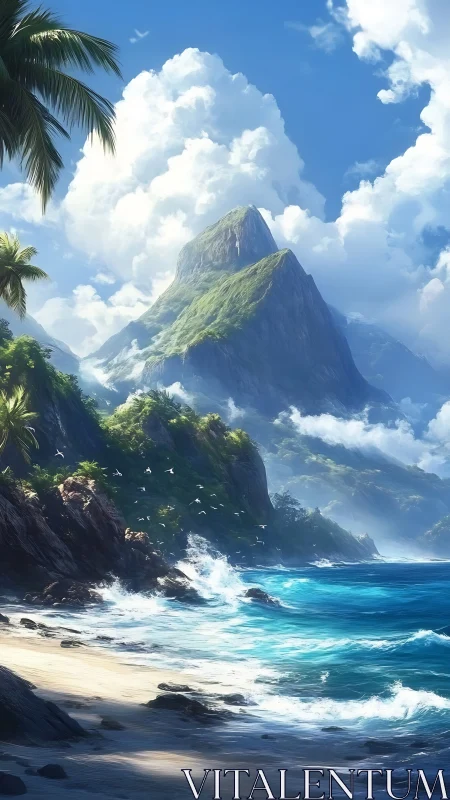 Tropical Paradise: Majestic Mountain Meets Turquoise Shore.