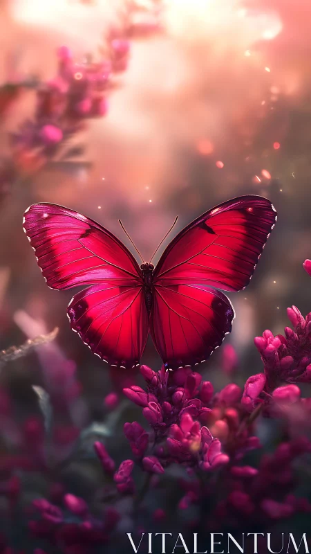 Scarlet butterfly hovers in dreamy pink twilight garden glow