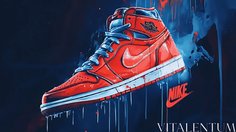 Red Nike sneaker bursts through electric blue paint field.