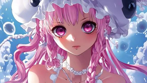 Pink haired anime girl stares forward against bright sky