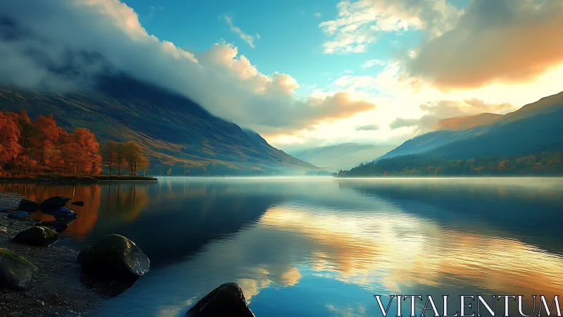 Lake mirrors ember trees while mountains sip soft sunrise