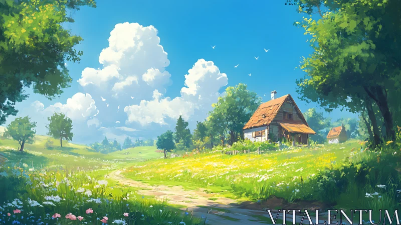 Sunlit cottage dreams under roaming summer cloud kingdoms.