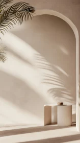 Minimalist beige archway interior with palm shadows and table