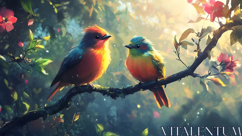 Two Colorful Birds on a Branch in Dreamy Digital Art Style.