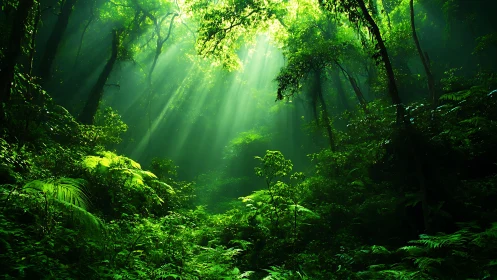 Sunlit Forest Canopy with Radiant Light Beams.