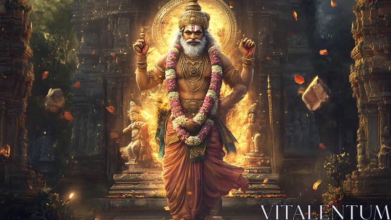 Mythological deity figure before ornate stone temple gateway.