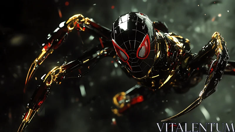 Chrome-clad spider cyborg lunges through molten shadows.