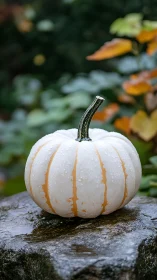 Creamy autumn pumpkin rests on a rain kissed garden stone