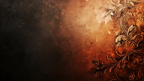 Ornate copper floral scrolls glow against weathered texture