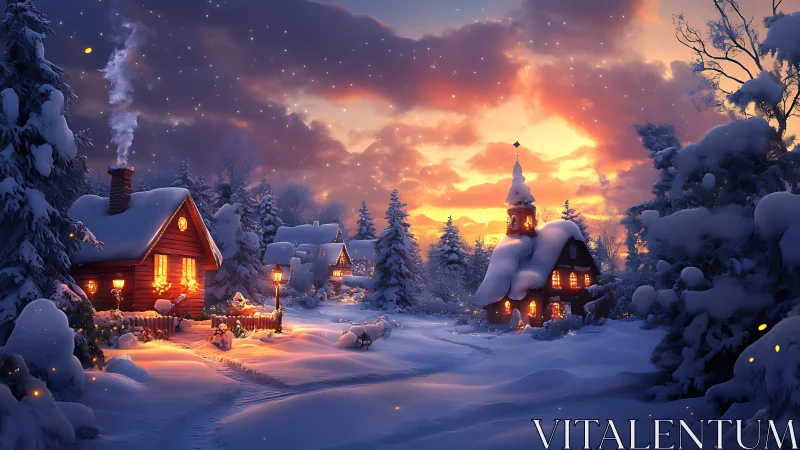 Snowy village at dusk with glowing cabins and chapel.