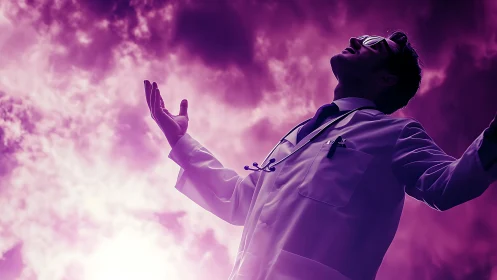 Doctor in lab coat under violet sky with raised arms.