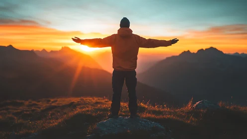 Hiker embraces sunrise on mountain ridge in warm golden light.