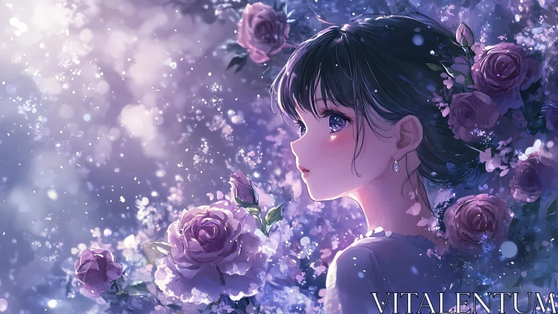 Iridescent anime girl portrait amid luminous violet roses
