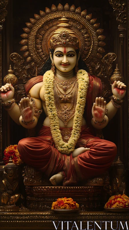 Seated Hindu deity statue in ornate golden shrine setting.