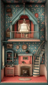 Two-level vintage dollhouse room with staircase interior.