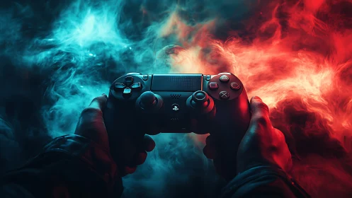 Dual-color gamer controller in vivid cinematic smoke glow.