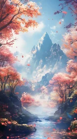 Crimson leaves serenade a mist-crowned mountain of quiet light