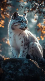 Juvenile snow leopard on lichen rock, cool bokeh forest light