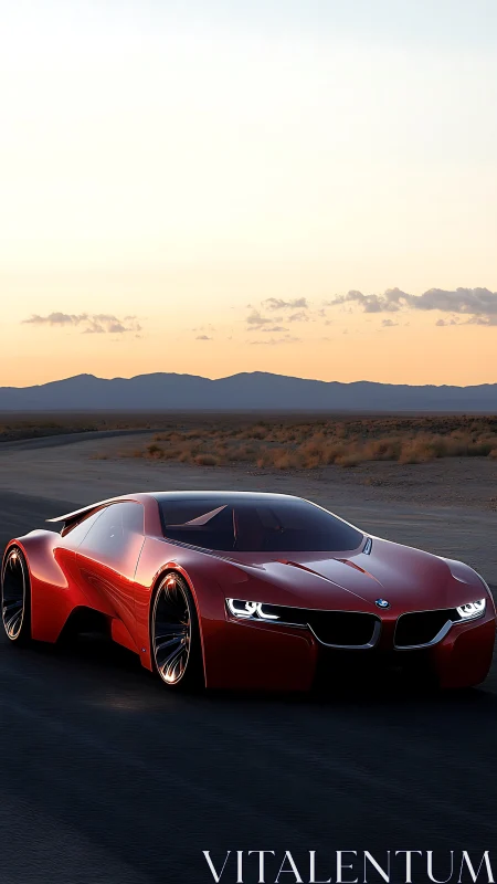 Red BMW concept supercar glows against a serene desert sunset