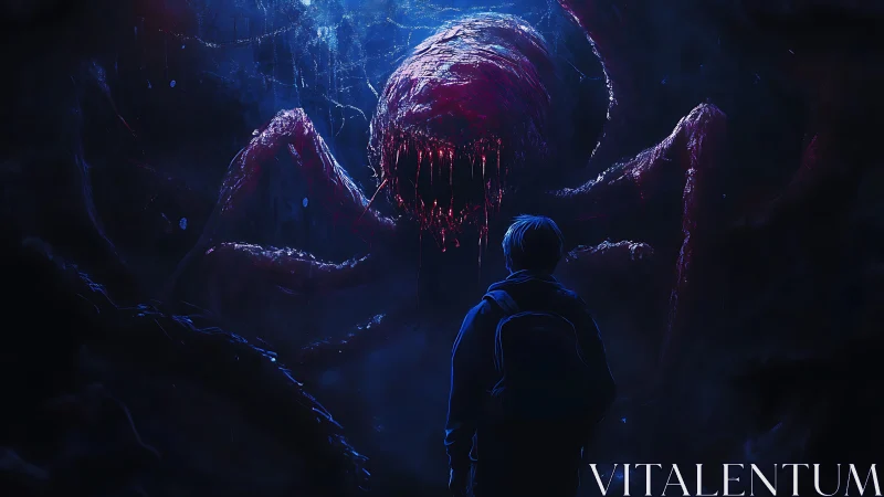 Bioluminescent cavern entity confronting lone backpacked observer.