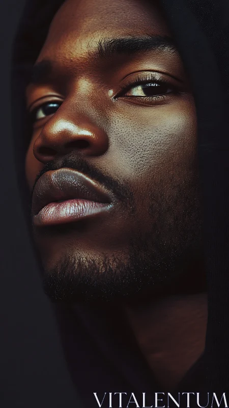 Close cropped portrait shows hooded man lit from one side