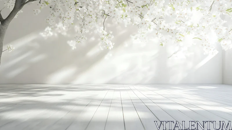 White interior with flowering tree branches and shadows.