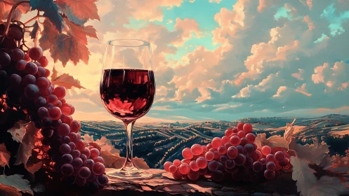 Sunlit red wine glass overlooks glowing vineyard hills.
