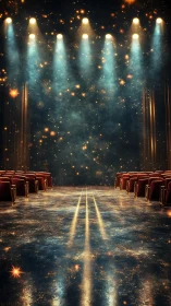 Empty theater stage under spotlights with starry floor.